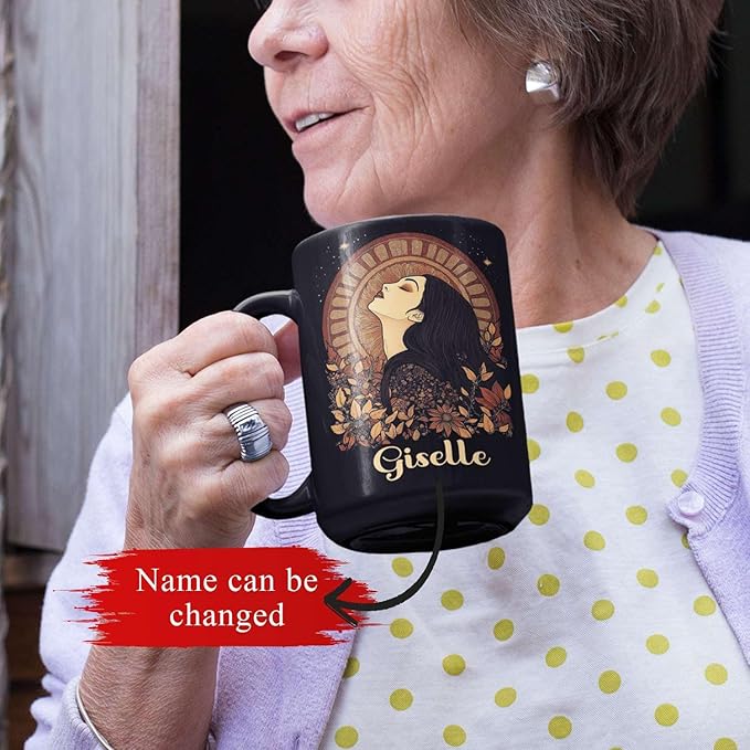 Elegant Woman Coffee Mug with Custom Name, Autumn Themed Ceramic Cup 11oz 15oz, Unique Fall Inspired Black Mug for Women, Personalized Women's Day Coffee Cup, Gifts for Holiday-Ruum Studio Home