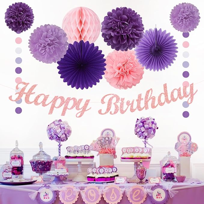 Purple Pink Birthday Party-Decorations Paper-Flowers - 14pcs Happy Banner Lavender Lanterns Tissue Pom Poms,Lilac Streamers Garland Fans Honeycomb,Women Girls Adult Kids Hanging Supplies Decor Hugfond-Ruum Studio Home