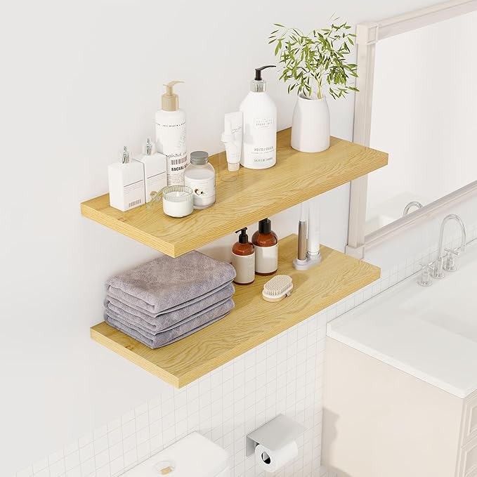 32" Floating Shelves for Wall, 12" Deep Slim Oak Floating Shelves, Wall-Mounted Shelves for Bedroom, Living Room, Kitchen, Bathroom - Set of 2-Ruum Studio Home