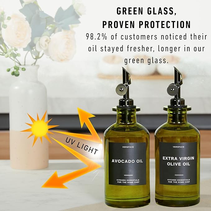 Green Glass Olive Oil Dispenser Bottle For Kitchen By Verpsace,Avocado Oil Dispenser Set, Modern Decor, Gold Kitchen Accessories for Home, Airbnb, Cafe (Black, Set of 2)-Ruum Studio Home