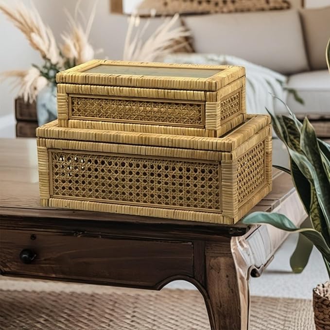 Rattan Box for Home Decor with Lid - Rectangular Coastal Bohemian Style Stackable Decorative Storage Box Set - Handmade from Natural Rattan, Cedar & Real Glass-Ruum Studio Home