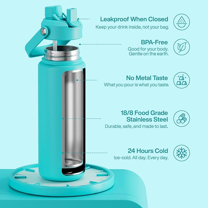 Insulated Water Bottle with Straw Stainless Steel Water Bottle, Leak-Proof, BPA-Free, Double Wall Vacuum Keeps Cold for 24 Hours for Sports, Travel, School (32 oz, Aquamarine Blue)-Ruum Studio Home