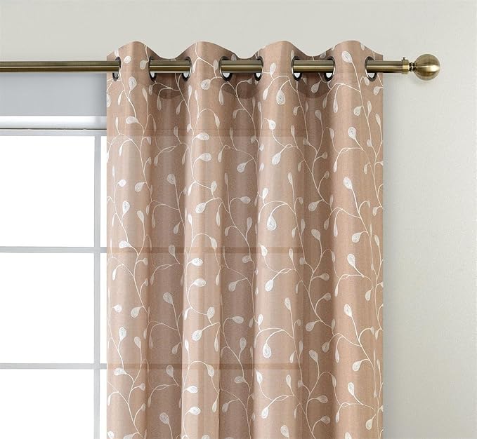 MIUCO Floral Embroidery Semi Sheers Curtain Faux Linen Grommet Window Curtains for Office 52 x 95 Inch 2 Panels, Taupe-Ruum Studio Home