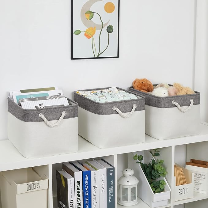 Bidtakay White Baskets with Cotton Rope Handles Decorative Storage Bins [3-pack] Fabric Bins for Organization Linen Closet Shelf Storage Baskets for Clothes Toys Towels 15 X 11 X 9.5 Inches-Ruum Studio Home