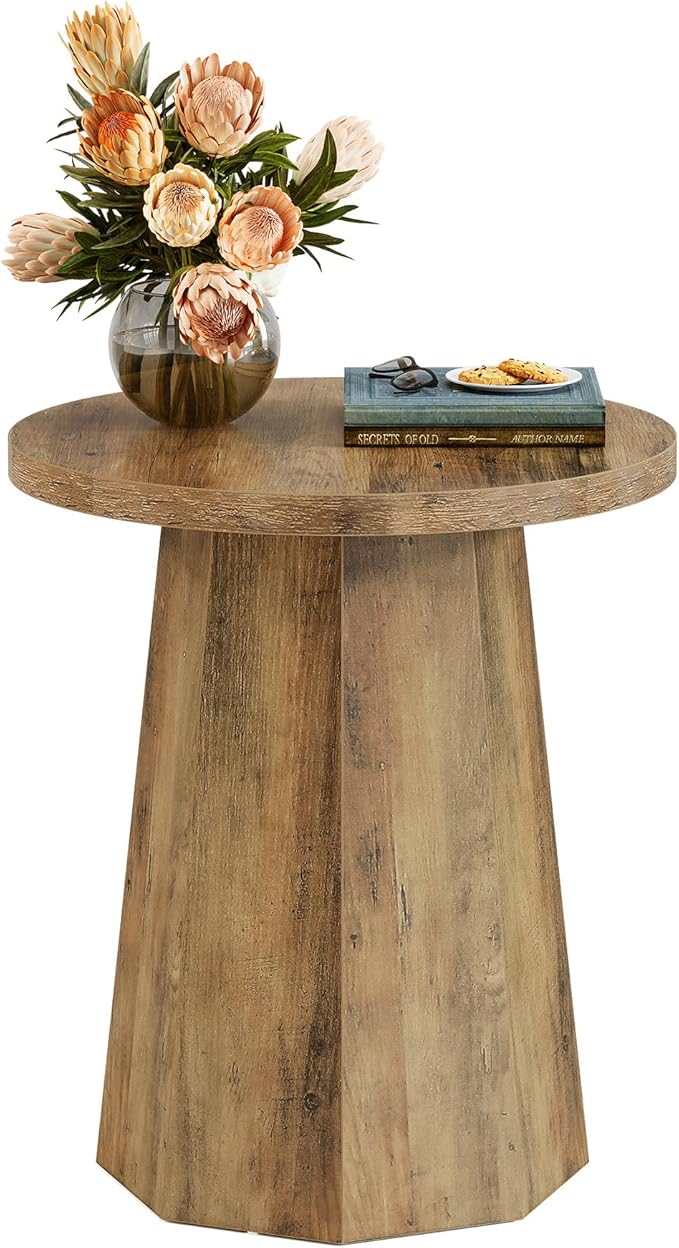 Tribesigns Round Pedestal End Table, Farmhouse Couch Side Table with Octagonal Base, Nightstand Accent Wooden Drink Stand (1, Rustic Brown)-Ruum Studio Home
