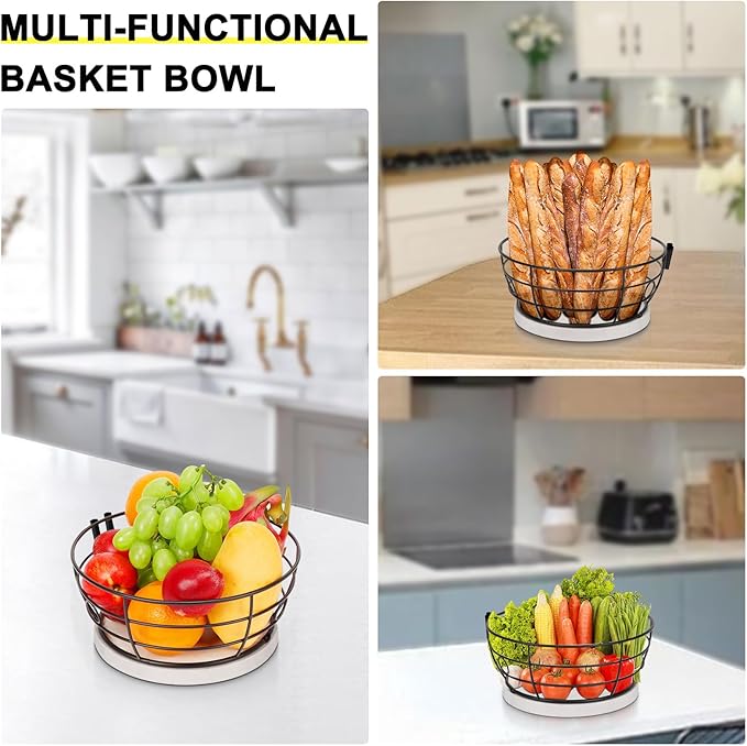 Livabber Countertop Fruit Basket Bowl with Banana Hanger, Modern Standing Fruit Vegetable Bowl Storage, with Banana Tree Holder for Kitchen Dinning Table (Round Marble, Black)-Ruum Studio Home