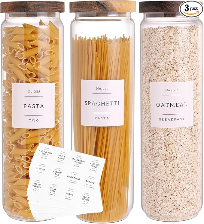 3 Set Glass Pantry Storage Jars with Acacia Airtight Lid - 50oz Thicken Glass Kitchen Canisters with 132 Pantry Labels - Tall Food Storage Containers with Wood Lid for Pasta,Spaghetti,Cereal-Ruum Studio Home