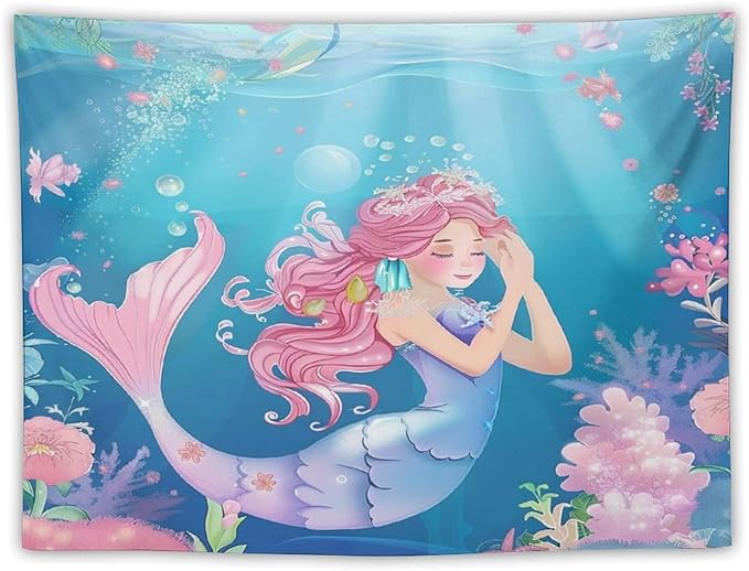 HZOHNAGO Mermaid Girls Tapestry Watercolor Flowers Mermaid Princess Blessing Pattern for Kids Room Decoration Printed Wall Tapestry Wall Hanging for Bedroom Living Room Dorm 40" W x 30" H-Ruum Studio Home
