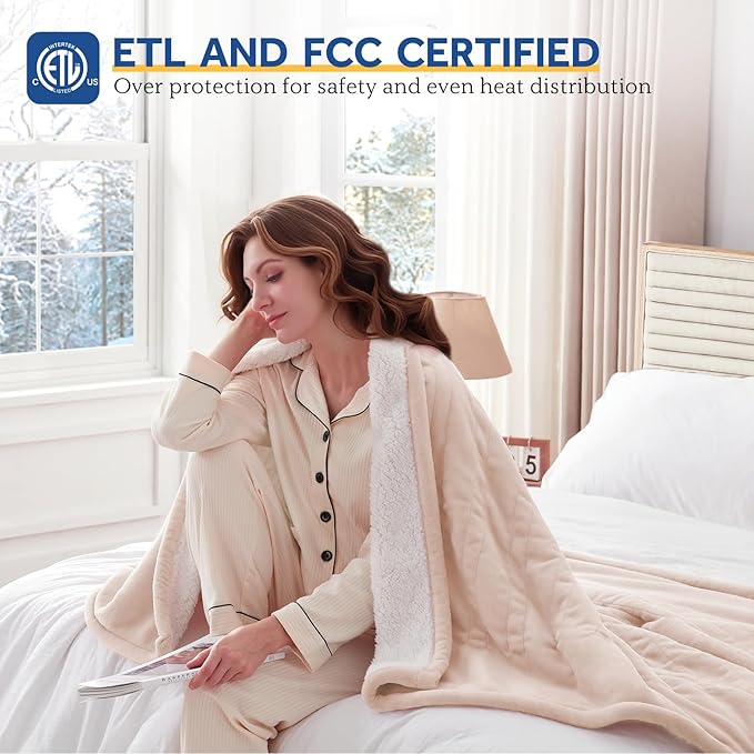 Sealy Electric Blanket Queen 84"*90",Super Cozy Flannel to Sherpa Reversible Heated Blanket Queen Size with 10 Heating Levels & 1-12 Hours Auto Off Overheating Protection Machine Washable,Beige-Ruum Studio Home