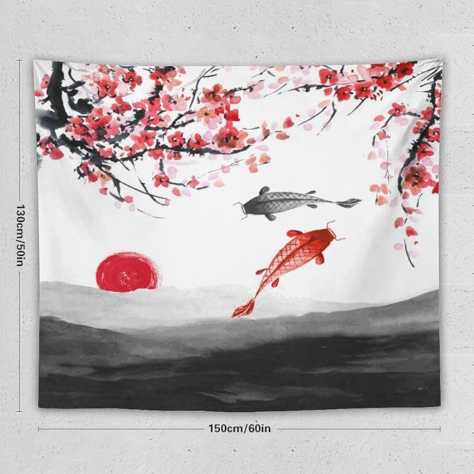 Houselerax Japanese Koi Fish Tapestries, Cherry Blossoms Asian Oriental Flower Branch Koi Fish Carp Tapestry Wall Hanging for Bedroom Living Room Office Decor 60"x50"-Ruum Studio Home
