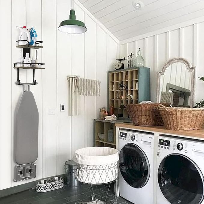 VINAEMO Ironing Board Hanger Wall Mount, 2-Layer Iron and Ironing Board Holder, Laundry Room Shelves Solid Wood with Removable Hooks Home Organization and Storage-Ruum Studio Home