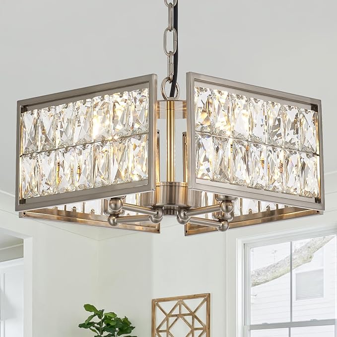 12” 4-Light Modern Crystal Chandeliers Nickel Dinning Room Light Fixture, Square Pendant Light Kitchen Island Chandelier, Flush Mount Ceiling Light for Living Room Entryway Bedroom Foyer-Ruum Studio Home