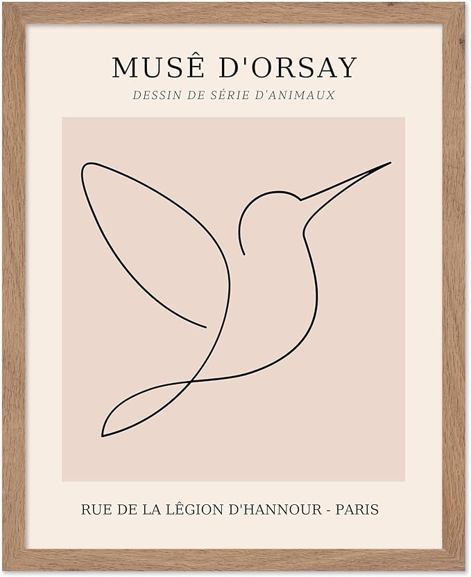 Poster Master Vintage Poster - Retro One Line Hummingbird Drawing Print - Bird Line Art - Minimal Gift for Him, Her, Animal Lover - Abstract Decor for Home, Office, 16x20 Beige Framed-Ruum Studio Home