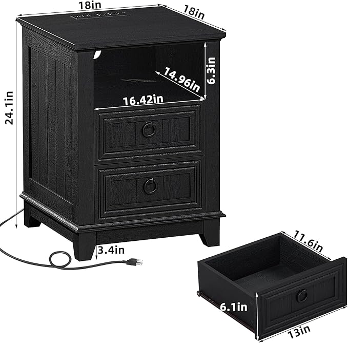 18" Farmhouse Night Stand with Charging Station, 2 Drawers End Table Dresser for Bedroom, Black Wooden Nightstand, Bed Side Table with Open Shelf, Bedside Cabinet for Living Room, Closet-Ruum Studio Home