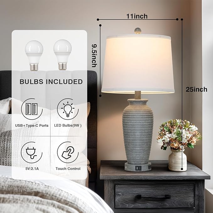 25" Grey Vintage Table Lamp Set of 2 Farmhouse Jar Table Lamps for Living Room，Touch Bedside Lamps with USB A+C Ports & AC Outlet, Pot Nightstand Lamps for Bedroom Living Room (LED Bulbs Included)-Ruum Studio Home