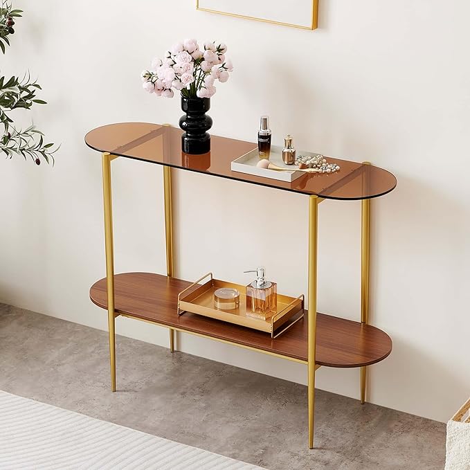Oval Glass Console Table for Living Room, Foyer & Entrance, 2-Tiers Mid-Century Modern Sofa Table with Amber Glass Top, Walnut Finish Wood Top and Gold Finish Metal Frame-Ruum Studio Home
