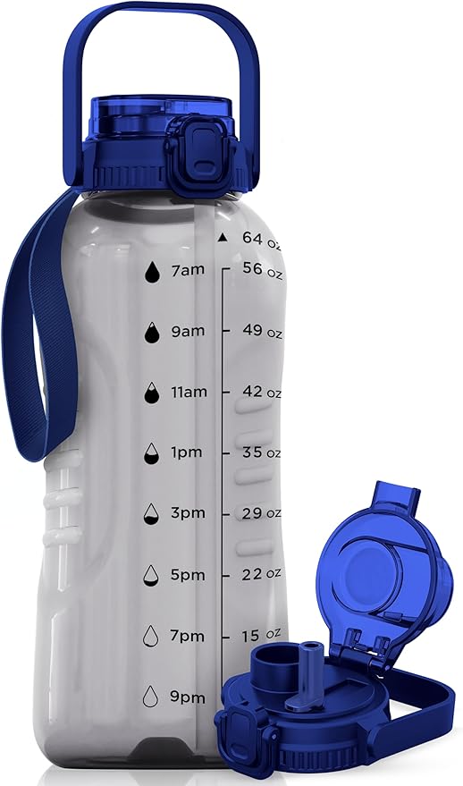 AQUAFIT 64 oz Water Bottle with Time Marker - 2in1 Straw & Chug Lid - BPA Free Big Water Bottle with Straw - Gym Water Bottle with Strap - Water Jug (64 Ounces, Clarity)-Ruum Studio Home