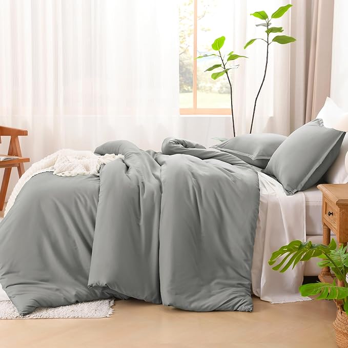 Litanika Comforters Medium Gray Queen Size, 3 Pieces Lightweight Solid Bedding Set & Collections, All Season Fluffy Bed Set (90x90In Comforter & 2 Pillowcases)-Ruum Studio Home