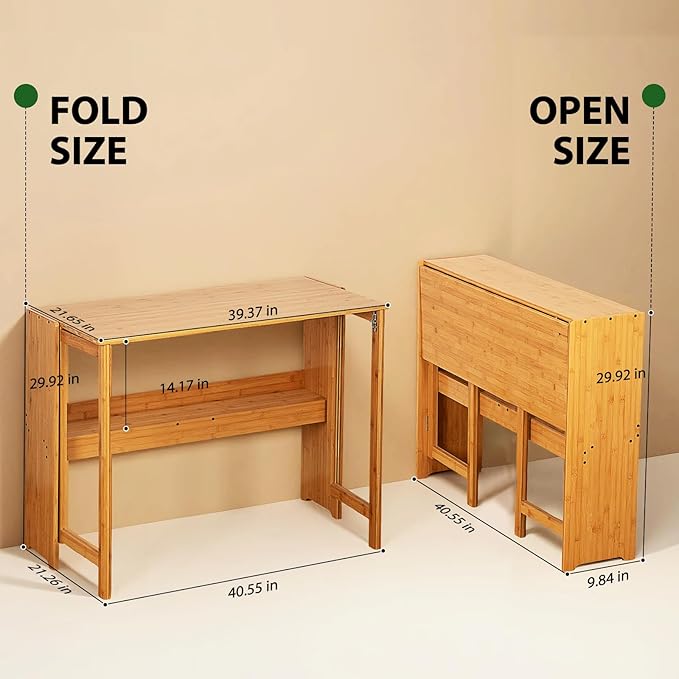 39.37" Bamboo Folding Desk,Space-Saving Computer Desk for Small Spaces, Foldable Study Table for Bedroom, Home Office, Dorm, Apartment (Natural)-Ruum Studio Home