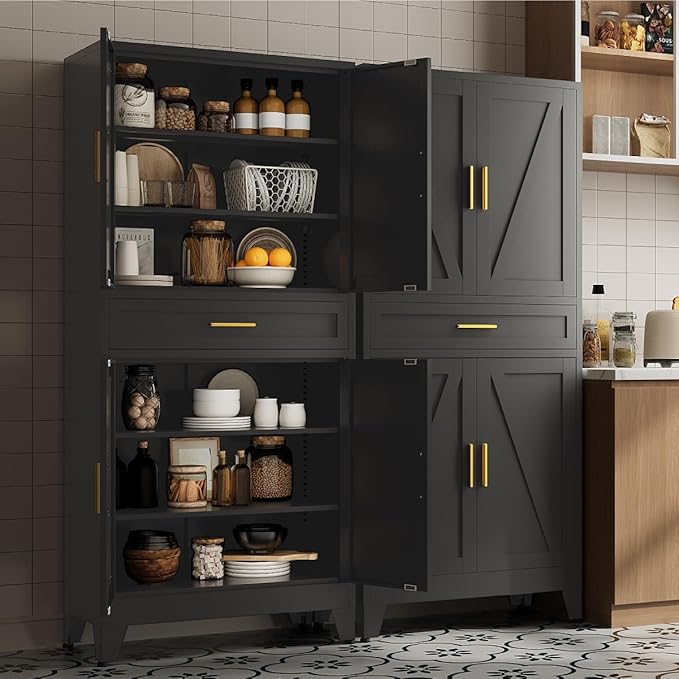 71 "Farmhouse Metal Filing Cabinet with a Drawer and 4 Adjustable Shelves, with 4 Large barn Door White Kitchen Cabinets, Metal Food Cabinets for Home, Kitchen, Dining/Living Room (Black)-Ruum Studio Home