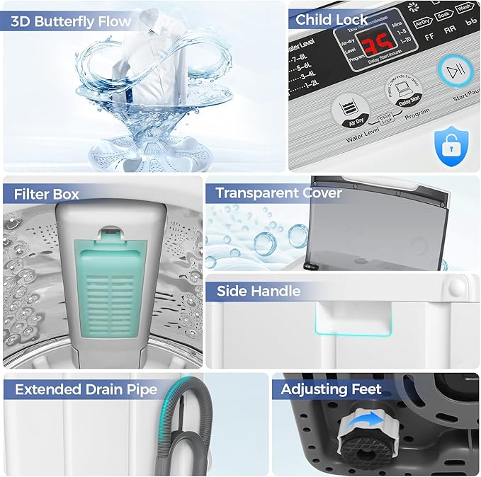 Nictemaw Portable Washing Machine, 20Lbs Capacity Full-Automatic Portable Washer Machine, 2.8Cu.ft Washer and Dryer Combo with 10 Programs 8 Water Levels for Apartment, Dorms, RV-Ruum Studio Home