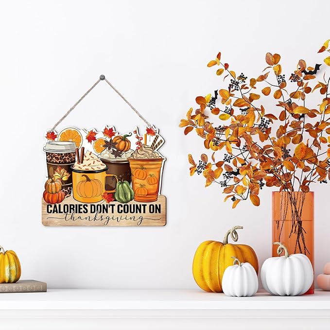 Thanksgiving Door Sign Decor, Calories don't Count on Thanksgiving, Fall Autumn Seasonal Wall Art Hanging Wooden Sign Halloween Decorations for Home Party Outside Indoor, Housewarming Gift-Ruum Studio Home