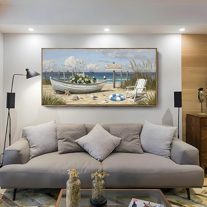 amatop Large Framed Wall Art for Living Room Nautical Beach Canvas Print Blue Flower Boat on Sandy Shore Ocean Seaside Landscape Coastal Artwork with Sea Birds Rustic Bedroom Office Home Decor 48×24 Inch-Ruum Studio Home