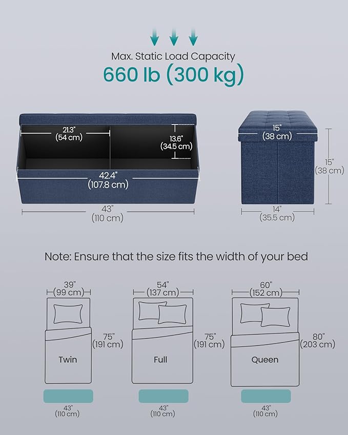 SONGMICS MAZIE Collection - 43 Inches Folding Storage Ottoman Bench, Ottoman Foot Rest, End of Bed Bench, Storage Chest, Load 660 lb, for Living Room, Bedroom, Entryway, Midnight Blue ULSF77IN-Ruum Studio Home