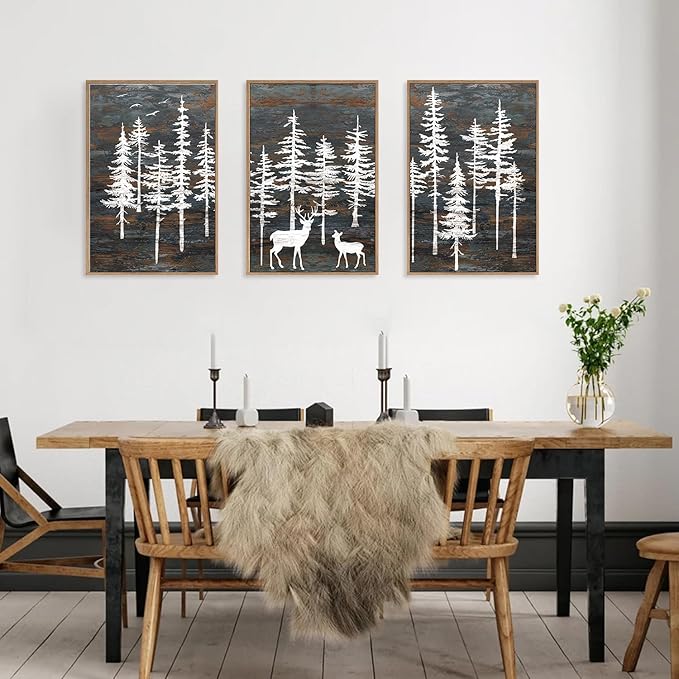 Modern White Forest Framed Canvas Wall Art Set, Minimalist Woodland Art Painting, Retro Tree Landscape Wall Decor, Wildland Deer Artwork for Living Room, Dining Room, Office - 16"x24"x3-Ruum Studio Home
