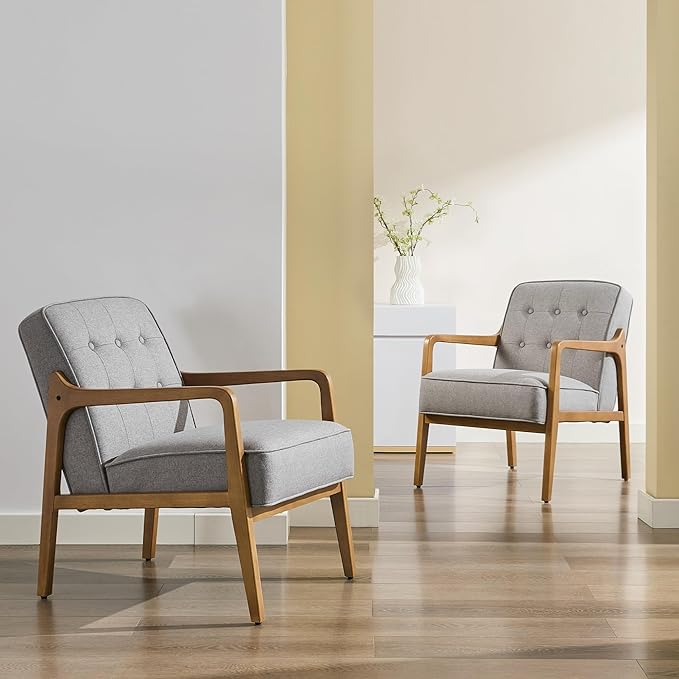 Linen Accent Chair, Mid Century Modern Chair for Living Room, Upholstered Comfy Lounge Armchair with Solid Wood Frame, Reading Side Chair for Bedroom,105°Ergonomic Comfort, Grey-Ruum Studio Home