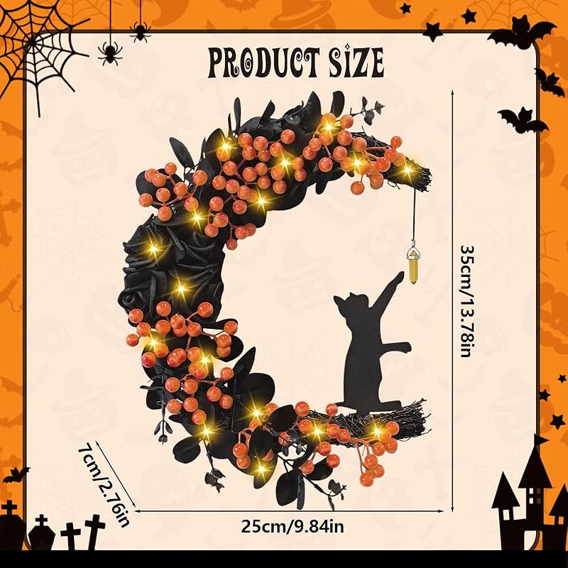 Halloween Wreaths for Front Door with Light, Black Cat Crescent Moon Wreath, Cute Cat Garland Halloween Door Decorations for Outdoor Indoor Decor Wall Window Home Party-Ruum Studio Home