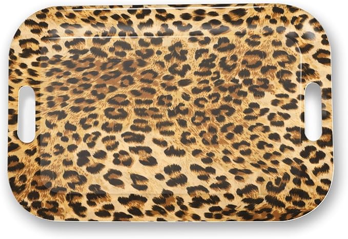 Serving Trays with Handles, 14.5 x 9.8 inch Rectangular Plastic Tray for Restaurant, Kitchen, Brown Leopard-Ruum Studio Home