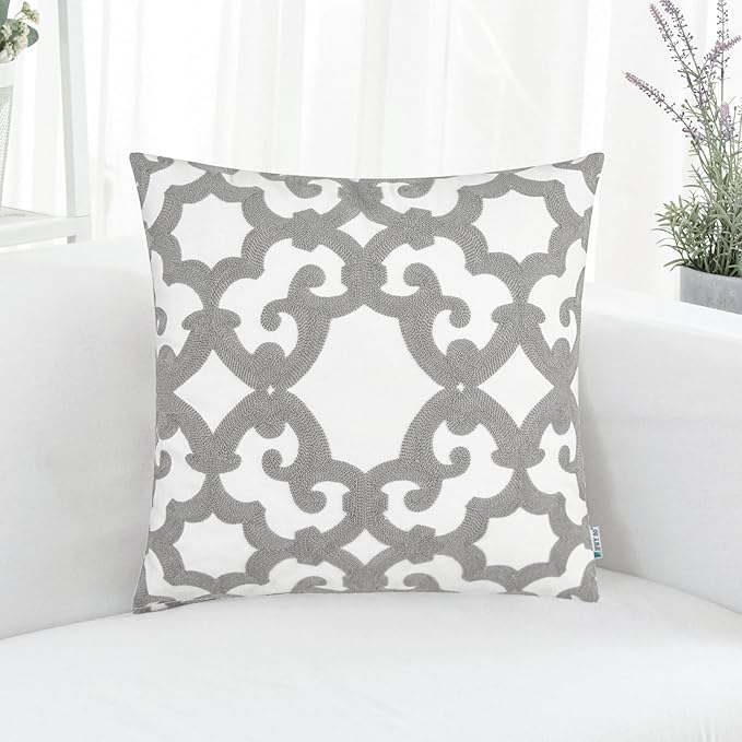 HWY 50 Grey Gray Decorative Throw Pillow Covers 18x18 Inch (1 Piece), Embroidered Cotton Farmhouse Cushion Cover Pillow Case for Sofa Couch Living Room Bed, Geometric-Ruum Studio Home