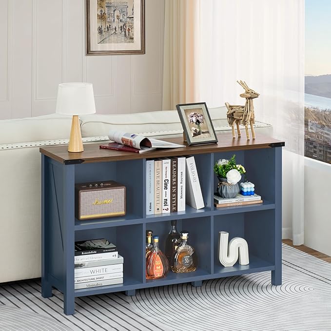 6 Cube Bookcase, Farmhouse Wood Low Storage Organizer Book Shelf, 47" Horizontal Navy Blue Console Bookshelf with Legs, Hallway Book Case for Entryway, Display Cabinet for Living Room, Office-Ruum Studio Home