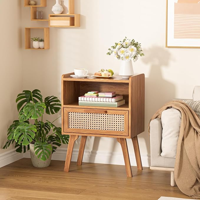 Lerliuo Rattan Nightstand, Side Table with Drawer Open Shelf, Cane Accent Bedside End Table with Solid Wood Legs, Mid Century Modern Night Stand for Bedroom, Dorm and Small Spaces (Tea Brown)-Ruum Studio Home