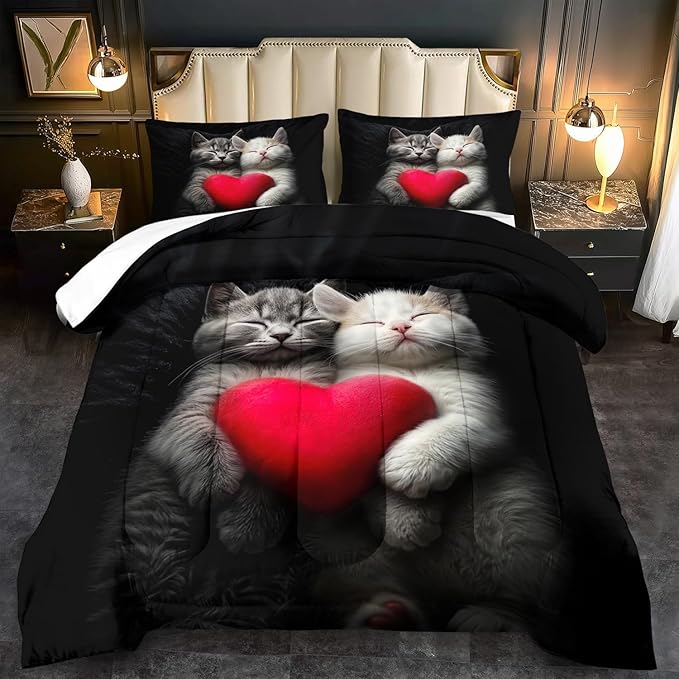 Cute Cat Comforter Set Twin,Kawaii Cat Bedding Set for Girls,Cute Animal Comforter Red Love Heart Bedding Decor,Kawaii Farm Animal Quilt Patterns Kids and Adults-Ruum Studio Home