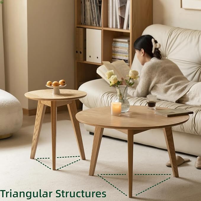 100% Solid Oak Wood Mini Coffee Table, Round Side Table w/Solid Wood Legs, Walnut Mid Century Coffee Table w/Sturdy Frame for Bedroom Balcony Living Room (29.53" D x 17.72" H)-Ruum Studio Home