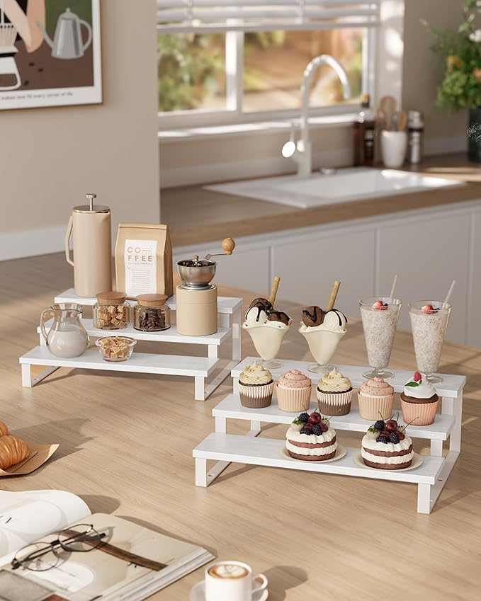 SONGMICS Display Risers, Set of 2 Engineered Wood Perfume Organizer Stand, 3-Tier Cupcake Stand Holder, Spice Rack, Shelf Risers for Figures, Dessert Shelves, Snow White and Cloud White UKCS116W01-Ruum Studio Home