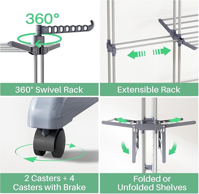 Kitstorack Clothes Drying Rack - Foldable Movable Clothes Rack Drying 30.0" W to 59.0" W Extensible Drying Rack Clothing Oversized 4-Tier Stainless Steel Large Clothes Rack Drying Indoor and Outdoor-Ruum Studio Home