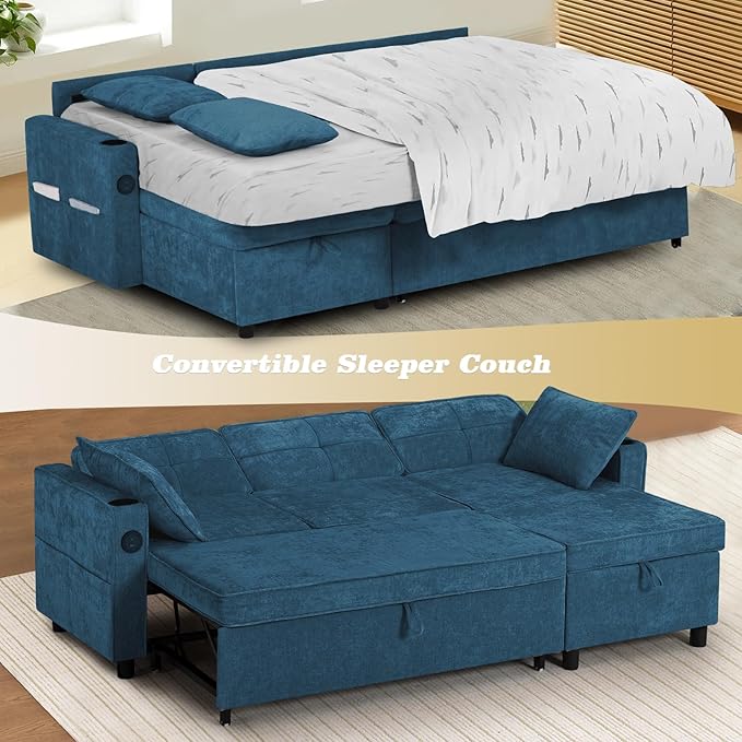 84 Inches Chenille Sectional Sofa w/Pull-Out Sofa Bed & Adjustable Back, Tufted L-Shaped Couch w/Storage Chaise, Sleeper Sectional Sofa w/USB Port & Cup Holders for Living Room, Blue-Ruum Studio Home
