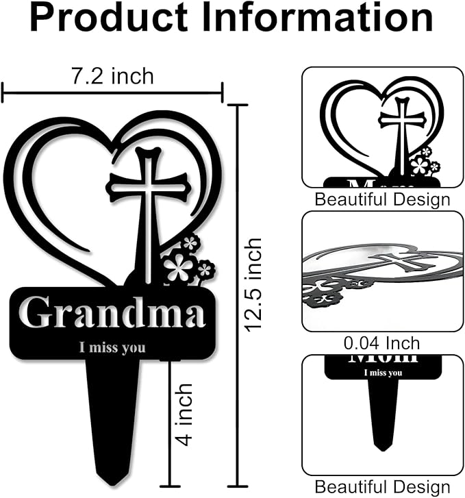 Grandma Memorial Grave Stake, Cemetery Decorations for Grave Markers 12.5 x 7.2 inch Heart Metal Sympathy Stakes Graveside Plaque Decor Sign for Grandma Graves, Yard, Garden - Black-Grandma-Ruum Studio Home