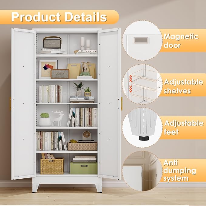 75" Tall Metal Kitchen Pantry Storage Cabinet, Freestanding Cupboard with 2 Doors and 5 Adjustable Shelves, Standing Storage for Kitchen, Bathroom, Garage, Dinning Room or Utility Room（White）-Ruum Studio Home