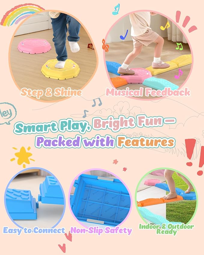 Holyton Music Light Up Balance Beam and Toddler Stepping Stones 13 Pieces, Non-Slip Plastic Balance Stackable Stepping Stones for Kids, Sensory Toys for Toddlers, Indoor or Outdoor Play, Easy Storage-Ruum Studio Home