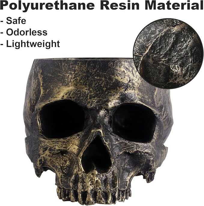 Halloween Skull Candy Dish- Deep Skull Head Halloween Candy Bowl Holder Artificial Resin Skulls Decor Indoor Outdoor Table Centerpieces Flower Pot Plant Office Pen Holder Desktop Ornaments - Bronze-Ruum Studio Home