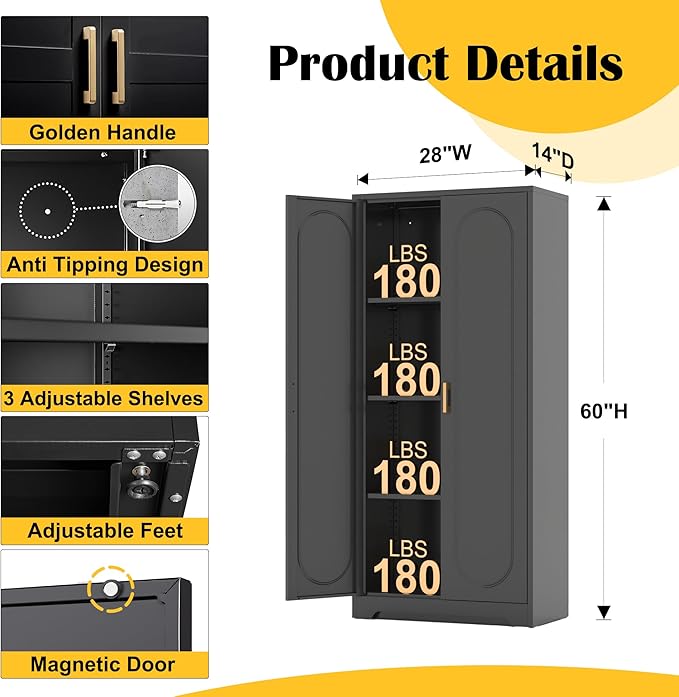 Metal Kitchen Storage Cabinets,60”Pantry Cabinet with Doors and 4 Adjustable Shelves,Tall Black Cabinet for Pantry, Laundry Room,Living Room,Dinning Room-Ruum Studio Home