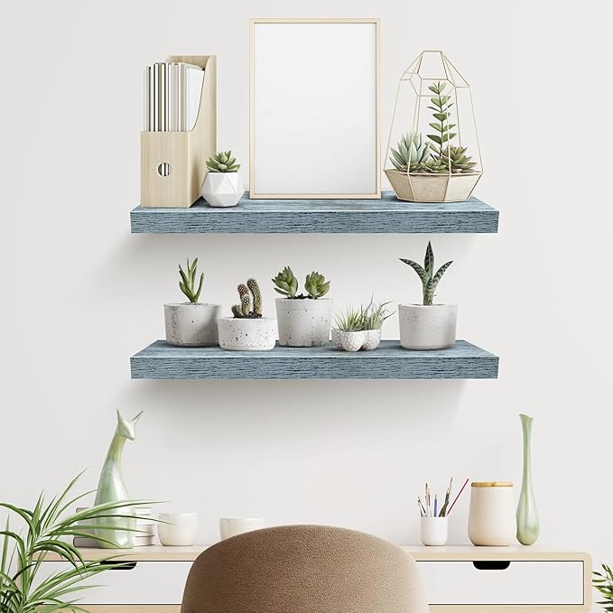 Sorbus Floating Shelves - 2 Pack 24 X 9 Inch Rustic Blue Wall Shelves for Bedroom, Kitchen, Living Room, Bathroom Shelves, Home Decor - Extra Long Floating Shelf for Trophy, Books Frames, Toilet Paper-Ruum Studio Home