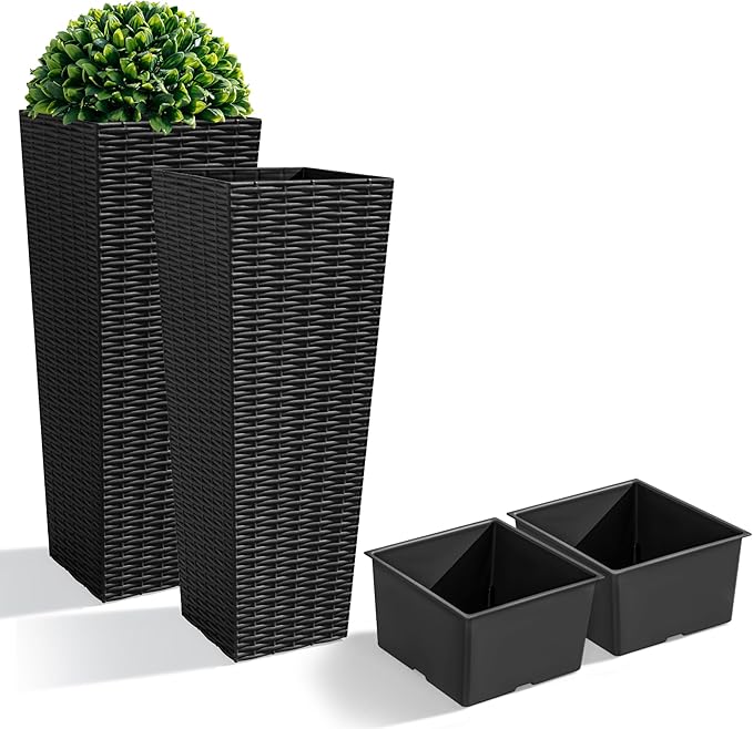 JUMMICO Set of 2 Resin Rattan Tall Planters for Outdoor Plants, Large Tapered Planters with Drainage Holes&Inner Trays, Flower Pots for Garden, Patio, Porch, Backyard (Black, 24'')-Ruum Studio Home