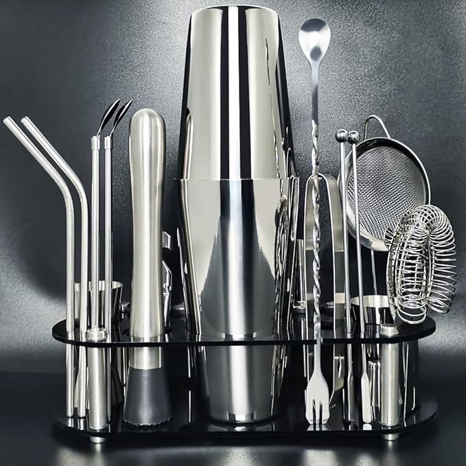 22-Piece Cocktail Shaker Set, 25/20oz Bartender Kit, Bartending Stainless Steel Bar Tools Sets for Drink Mixing, Boston Cocktail Shakers with Stand Recipes Booklet (Siver 25-20oz)-Ruum Studio Home