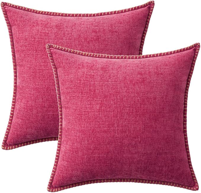 MIULEE Pack of 2 Couch Throw Pillow Covers 18x18 Inch Hot Pink Farmhouse Decorative Pillow Covers with Stitched Edge Soft Chenille Solid Dyed Spring Pillow Covers for Sofa Bed Living Room-Ruum Studio Home
