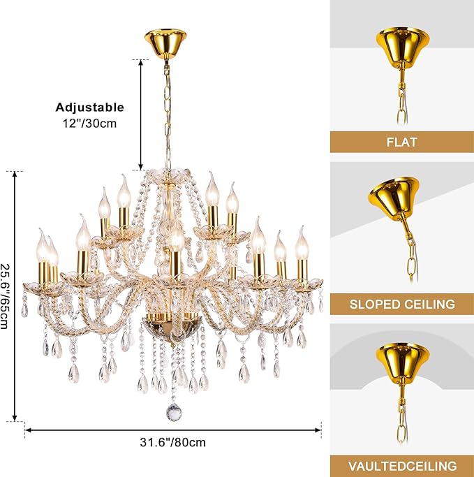 Modern Elegant 15 Lights K9 Crystal Glass Chandelier Golden Pendant Ceiling Lighting European Style for Dining Living Room Bedroom Transparent,15 E12 Bulbs Required-Ruum Studio Home